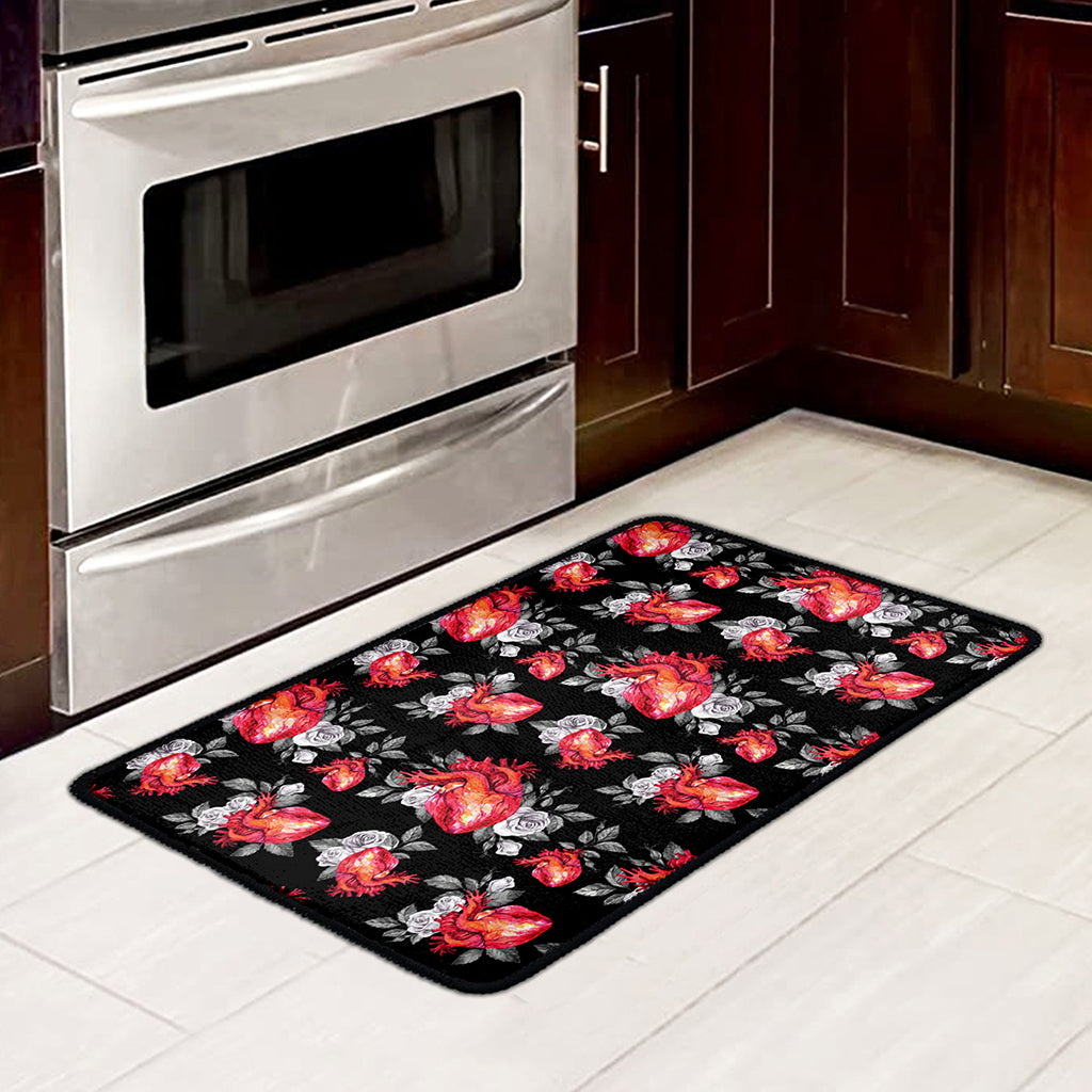 Rose And Heart Pattern Print Kitchen Mat