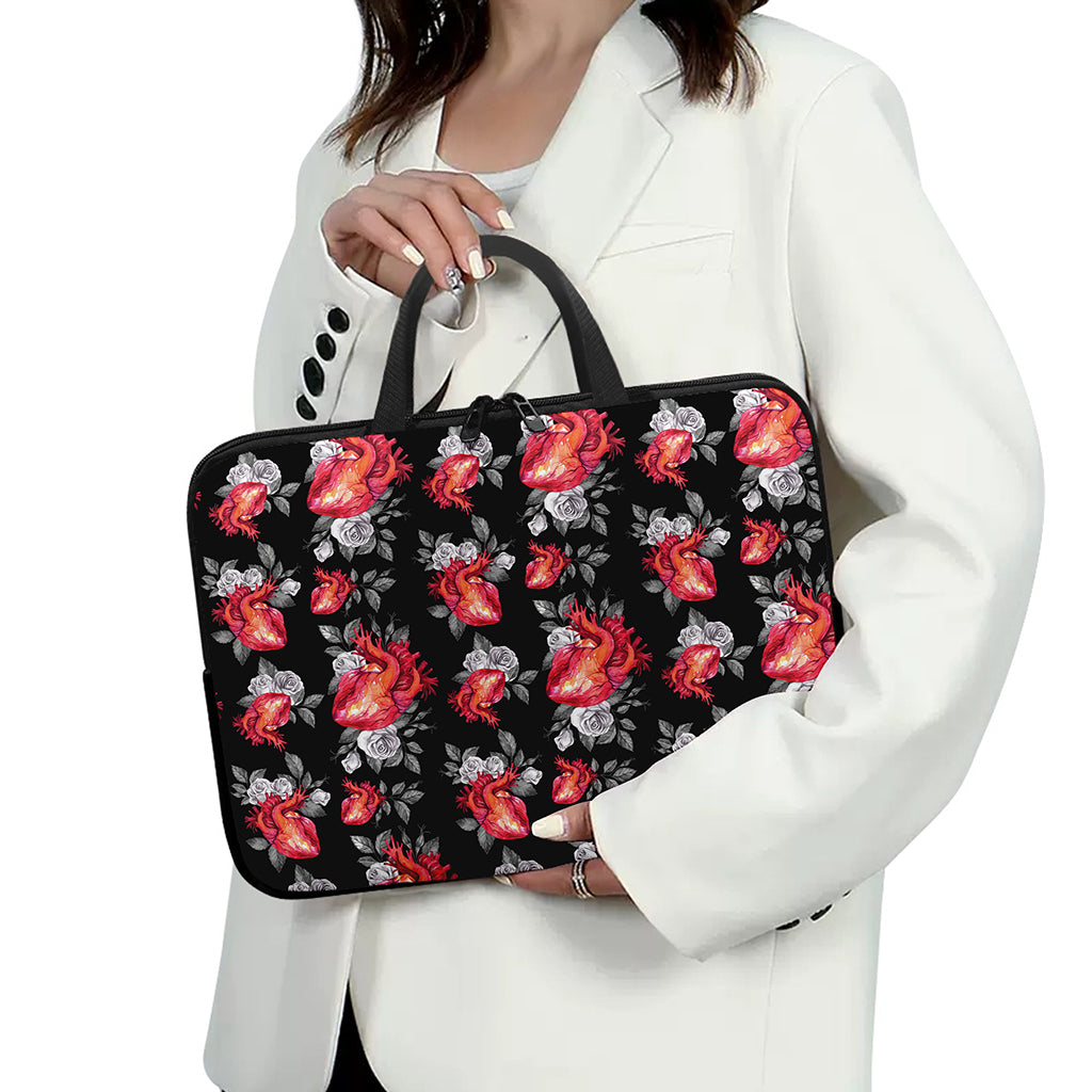 Rose And Heart Pattern Print Laptop Sleeve With Handle