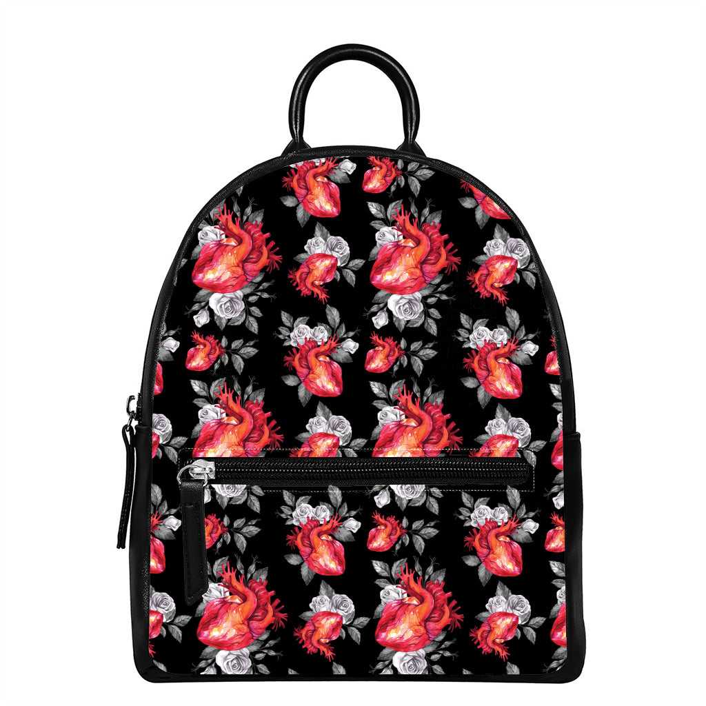 Rose And Heart Pattern Print Leather Backpack