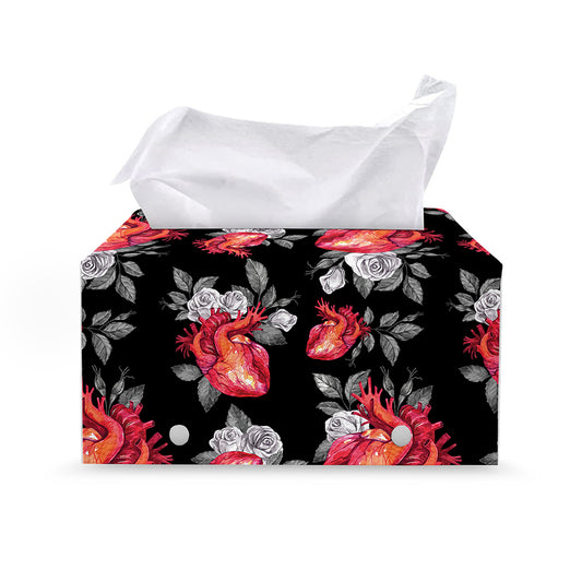 Rose And Heart Pattern Print Leather Tissue Box Cover