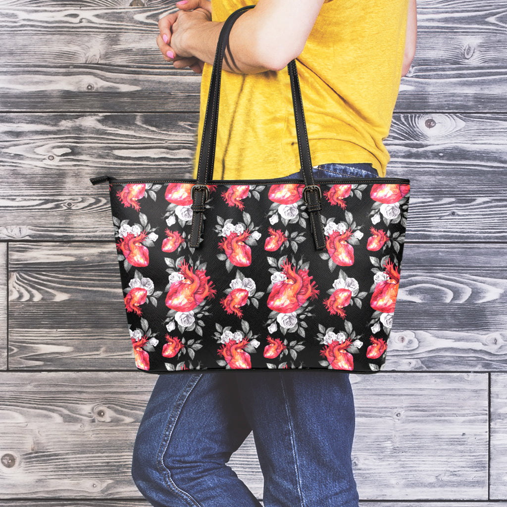 Rose And Heart Pattern Print Leather Tote Bag