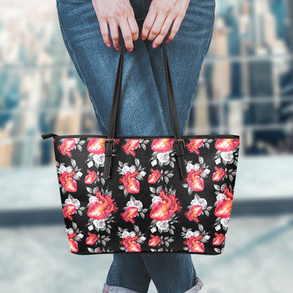 Rose And Heart Pattern Print Leather Tote Bag