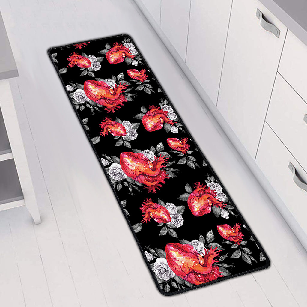 Rose And Heart Pattern Print Long Kitchen Mat