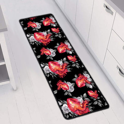 Rose And Heart Pattern Print Long Kitchen Mat
