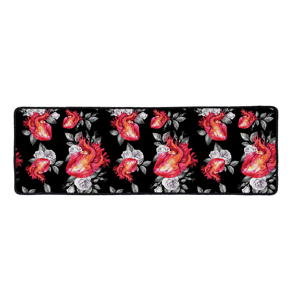 Rose And Heart Pattern Print Long Kitchen Mat