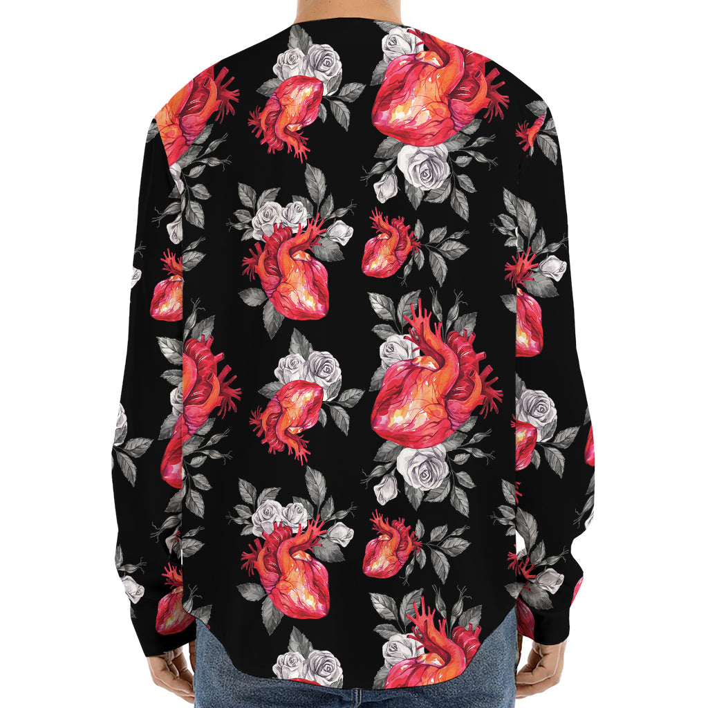 Rose And Heart Pattern Print Long Sleeve Baseball Jersey