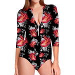 Rose And Heart Pattern Print Long Sleeve Swimsuit