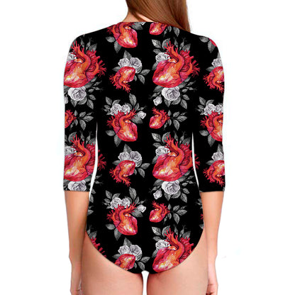 Rose And Heart Pattern Print Long Sleeve Swimsuit