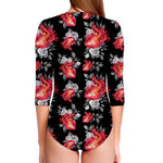 Rose And Heart Pattern Print Long Sleeve Swimsuit
