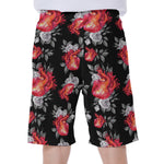Rose And Heart Pattern Print Men's Beach Shorts