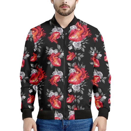 Rose And Heart Pattern Print Men's Bomber Jacket