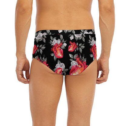 Rose And Heart Pattern Print Men's Briefs