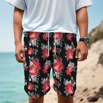 Rose And Heart Pattern Print Men's Cargo Shorts