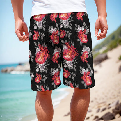 Rose And Heart Pattern Print Men's Cargo Shorts