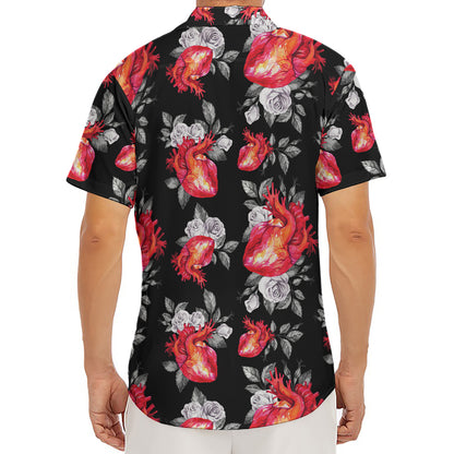 Rose And Heart Pattern Print Men's Deep V-Neck Shirt