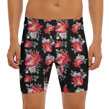 Rose And Heart Pattern Print Men's Long Boxer Briefs