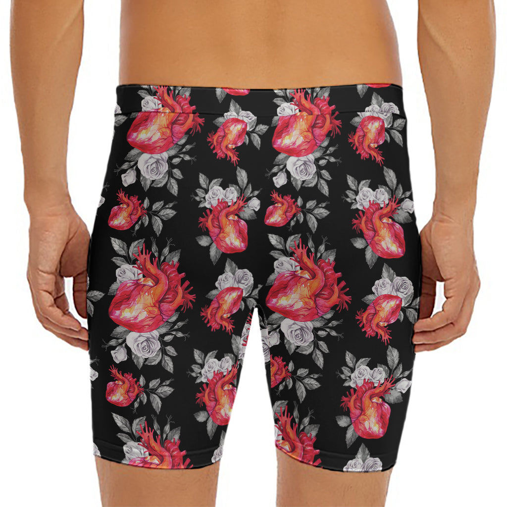 Rose And Heart Pattern Print Men's Long Boxer Briefs
