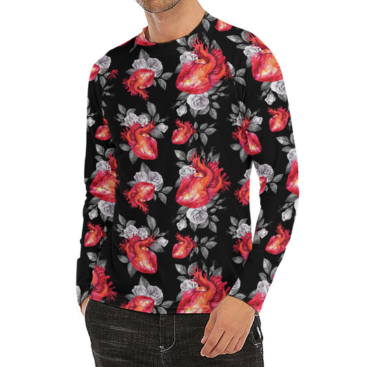 Rose And Heart Pattern Print Men's Long Sleeve Rash Guard