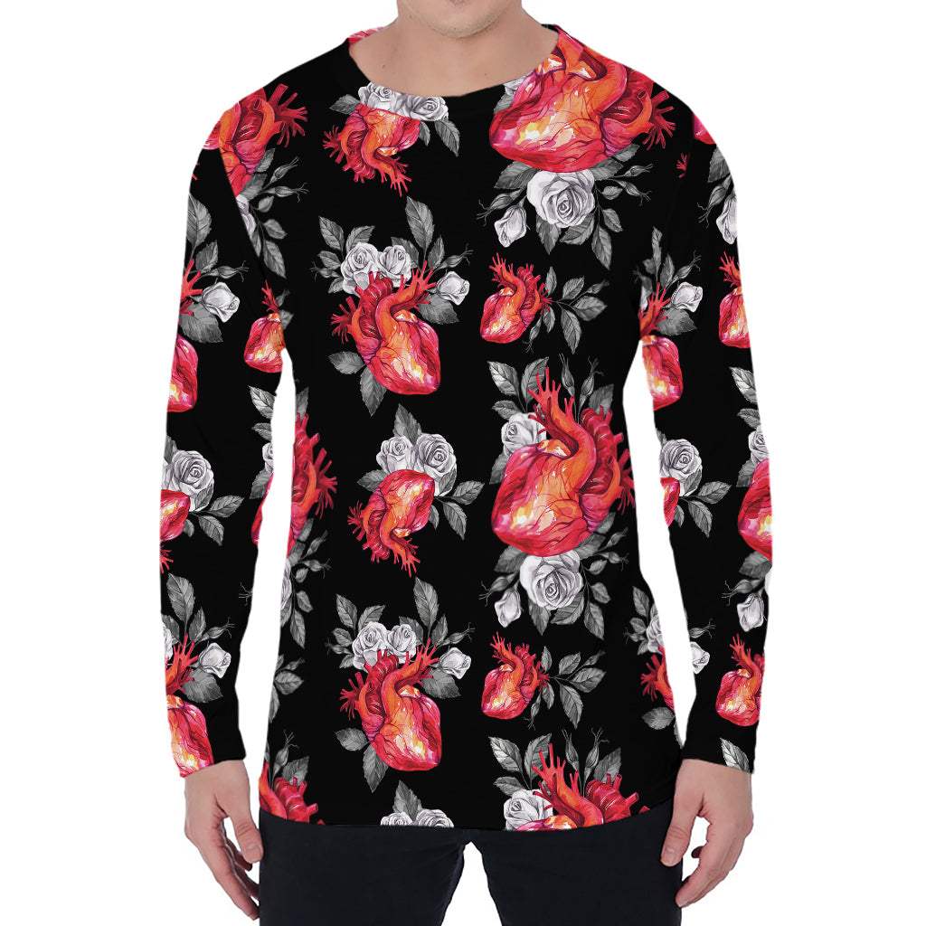 Rose And Heart Pattern Print Men's Long Sleeve T-Shirt
