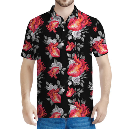 Rose And Heart Pattern Print Men's Polo Shirt