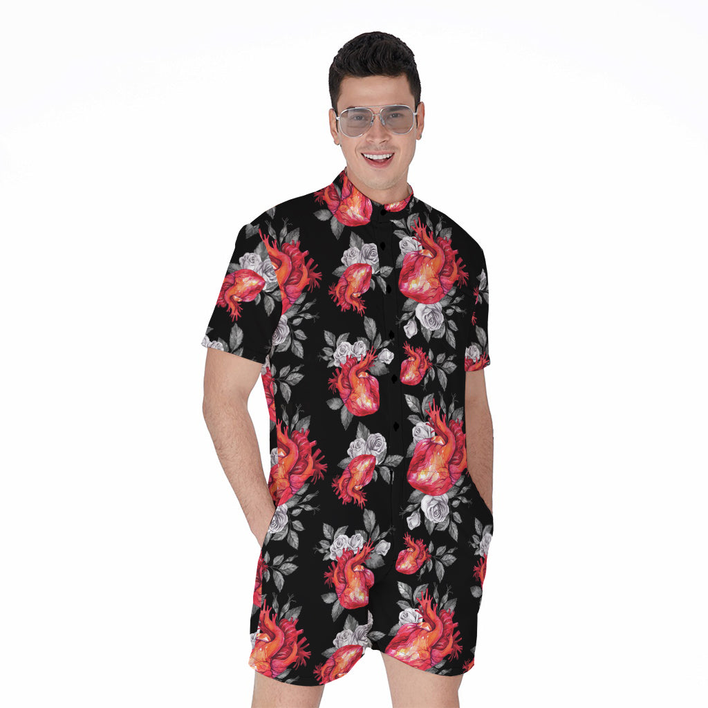 Rose And Heart Pattern Print Men's Rompers
