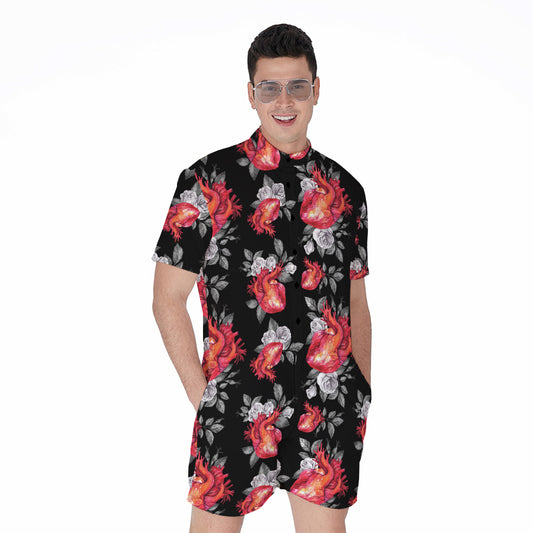 Rose And Heart Pattern Print Men's Rompers
