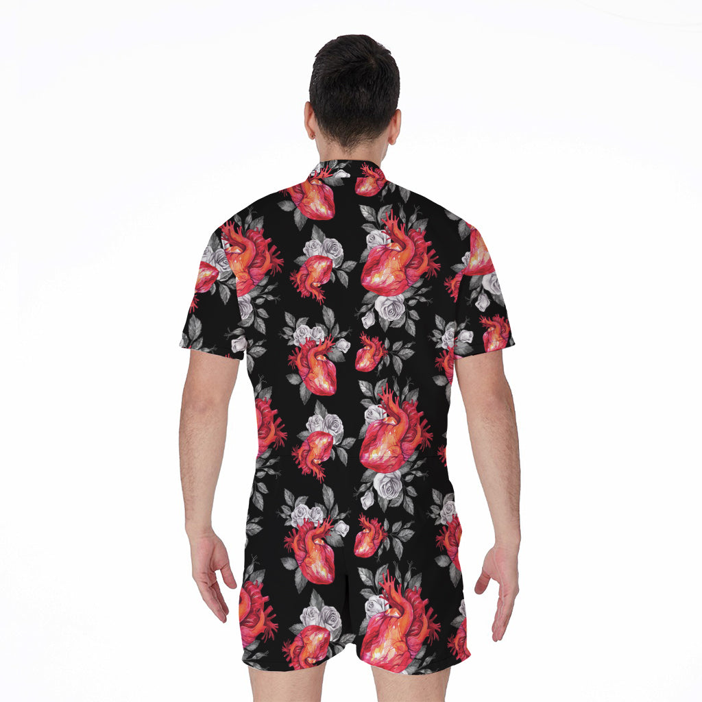 Rose And Heart Pattern Print Men's Rompers