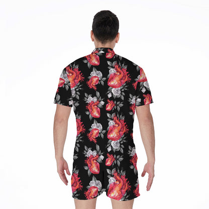 Rose And Heart Pattern Print Men's Rompers