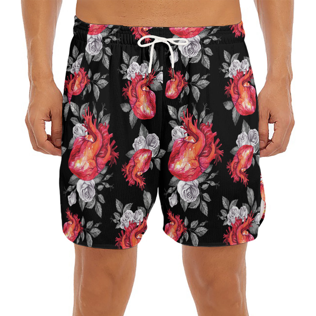 Rose And Heart Pattern Print Men's Split Running Shorts