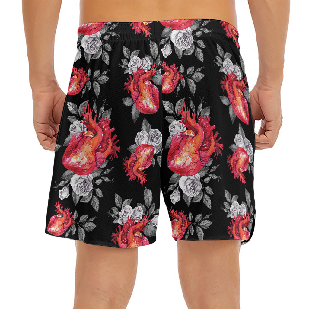 Rose And Heart Pattern Print Men's Split Running Shorts