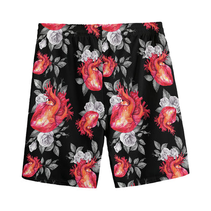 Rose And Heart Pattern Print Men's Sports Shorts