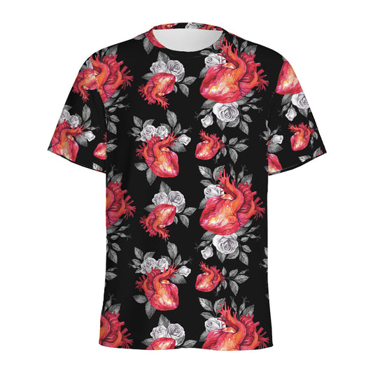 Rose And Heart Pattern Print Men's Sports T-Shirt