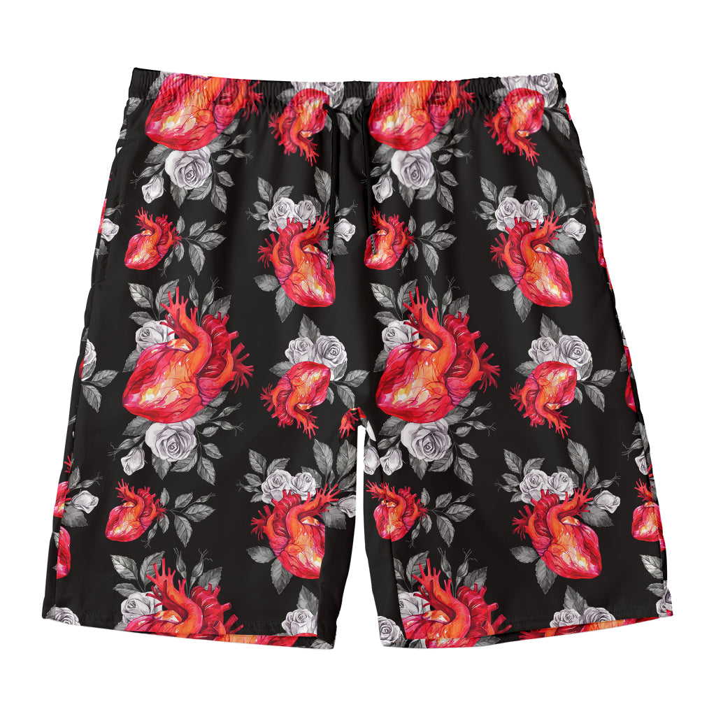 Rose And Heart Pattern Print Men's Swim Trunks