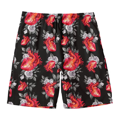 Rose And Heart Pattern Print Men's Swim Trunks