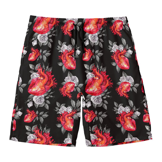 Rose And Heart Pattern Print Men's Swim Trunks