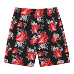 Rose And Heart Pattern Print Men's Swim Trunks