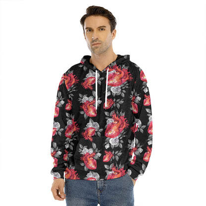 Rose And Heart Pattern Print Men's Velvet Pullover Hoodie