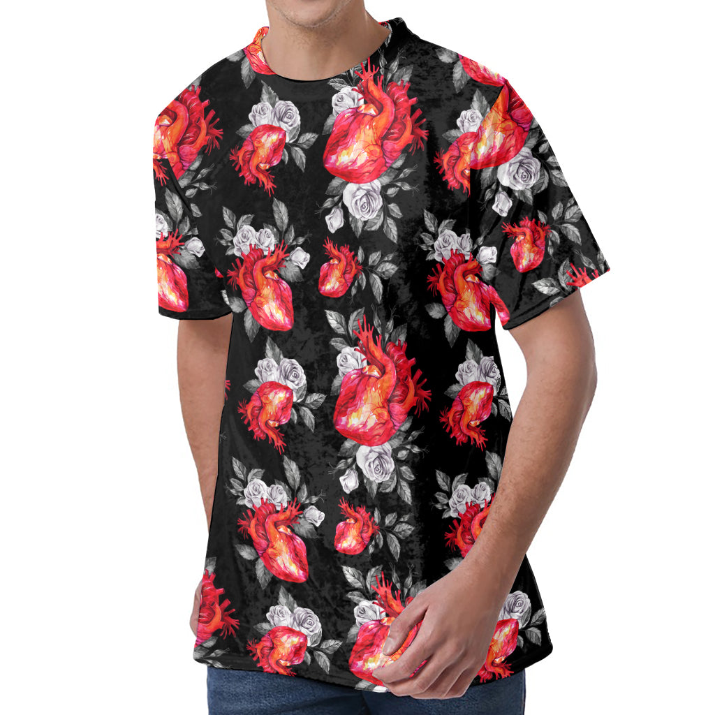 Rose And Heart Pattern Print Men's Velvet T-Shirt