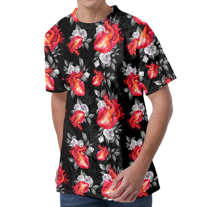 Rose And Heart Pattern Print Men's Velvet T-Shirt
