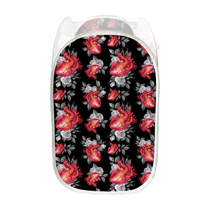 Rose And Heart Pattern Print Mesh Laundry Hamper