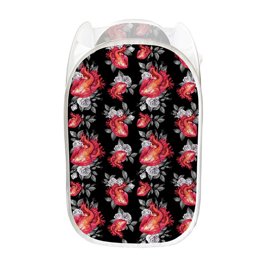 Rose And Heart Pattern Print Mesh Laundry Hamper