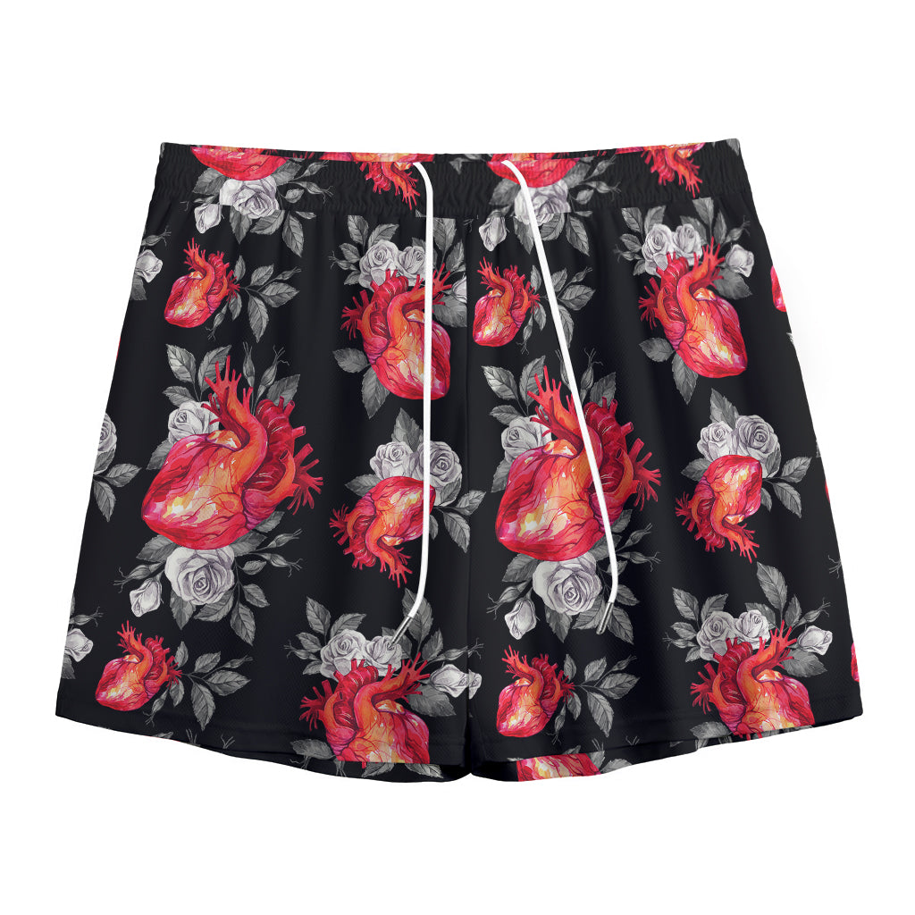 Rose And Heart Pattern Print Mesh Shorts