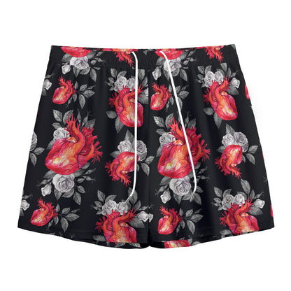 Rose And Heart Pattern Print Mesh Shorts