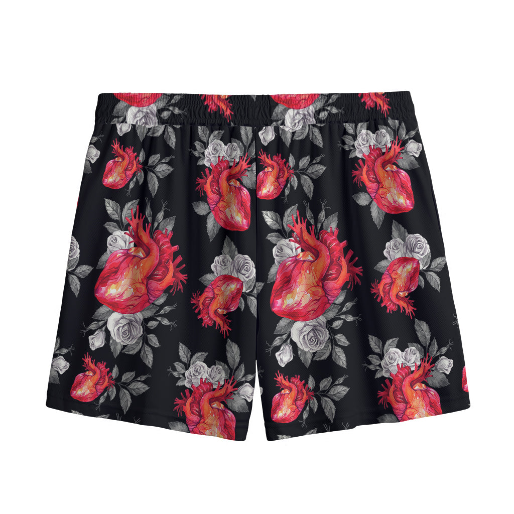 Rose And Heart Pattern Print Mesh Shorts