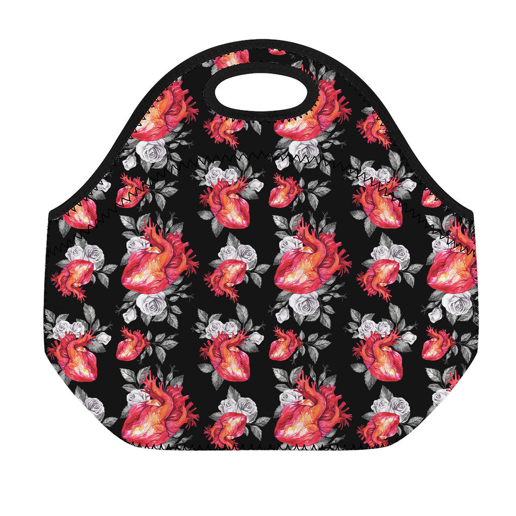Rose And Heart Pattern Print Neoprene Lunch Bag