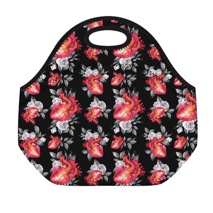 Rose And Heart Pattern Print Neoprene Lunch Bag