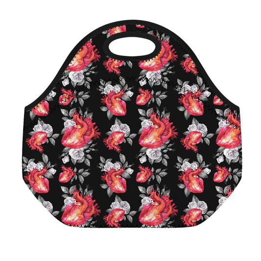 Rose And Heart Pattern Print Neoprene Lunch Bag