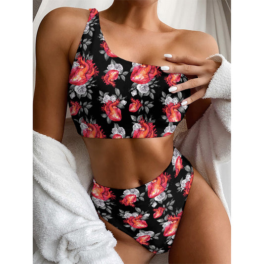 Rose And Heart Pattern Print One Shoulder Bikini Top