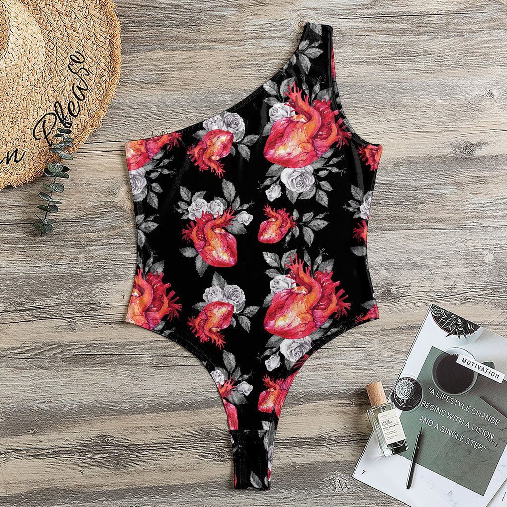 Rose And Heart Pattern Print One Shoulder Bodysuit