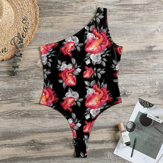 Rose And Heart Pattern Print One Shoulder Bodysuit